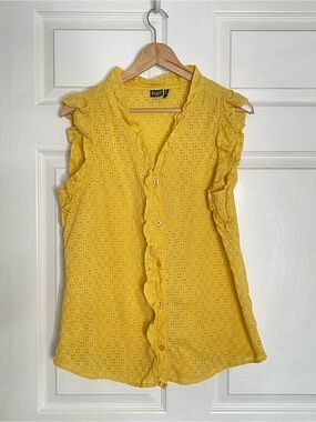 Eyelet Ruffle Sleeveless Blouse - Yellow Y2K Large button up mini